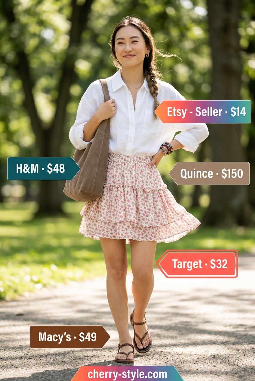 Bohemian Linen Skirt Outfit 2026 What to Wear with Linen Skirt Summer 2026: Floral linen mini skirt, oversized white shirt, leather sandals.