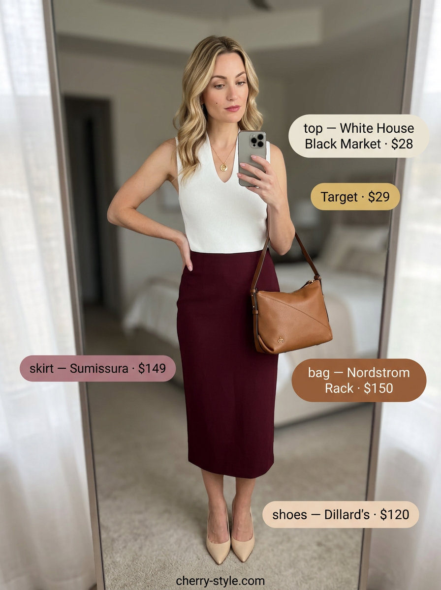 Linen Skirt Summer 2026: Work Event Elegance What to Wear with Linen Skirt Summer 2026: Burgundy linen pencil skirt, cream knit top, nude pumps for work event.