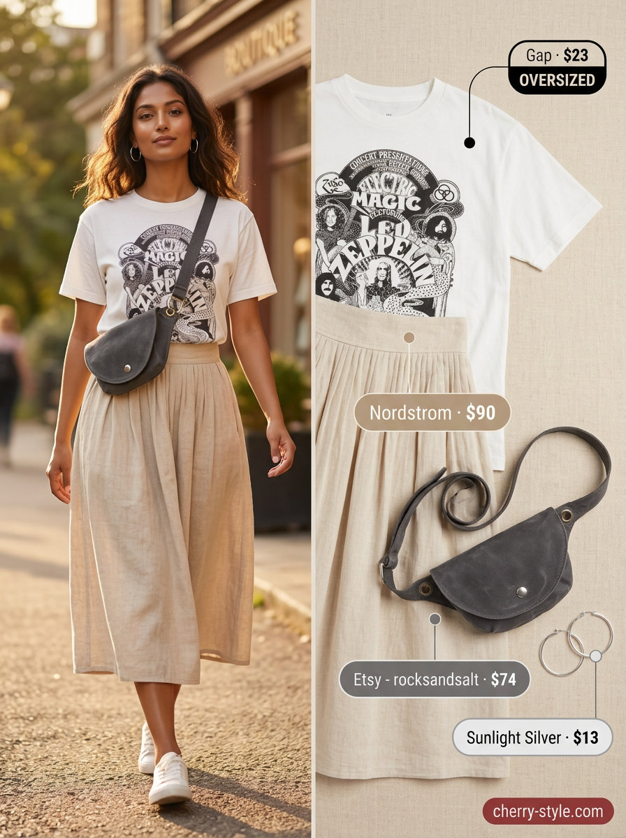 Casual Linen Skirt Outfit 2026 What to Wear with Linen Skirt Summer 2026: Casual beige linen midi skirt with graphic tee, sneakers, and belt bag.
