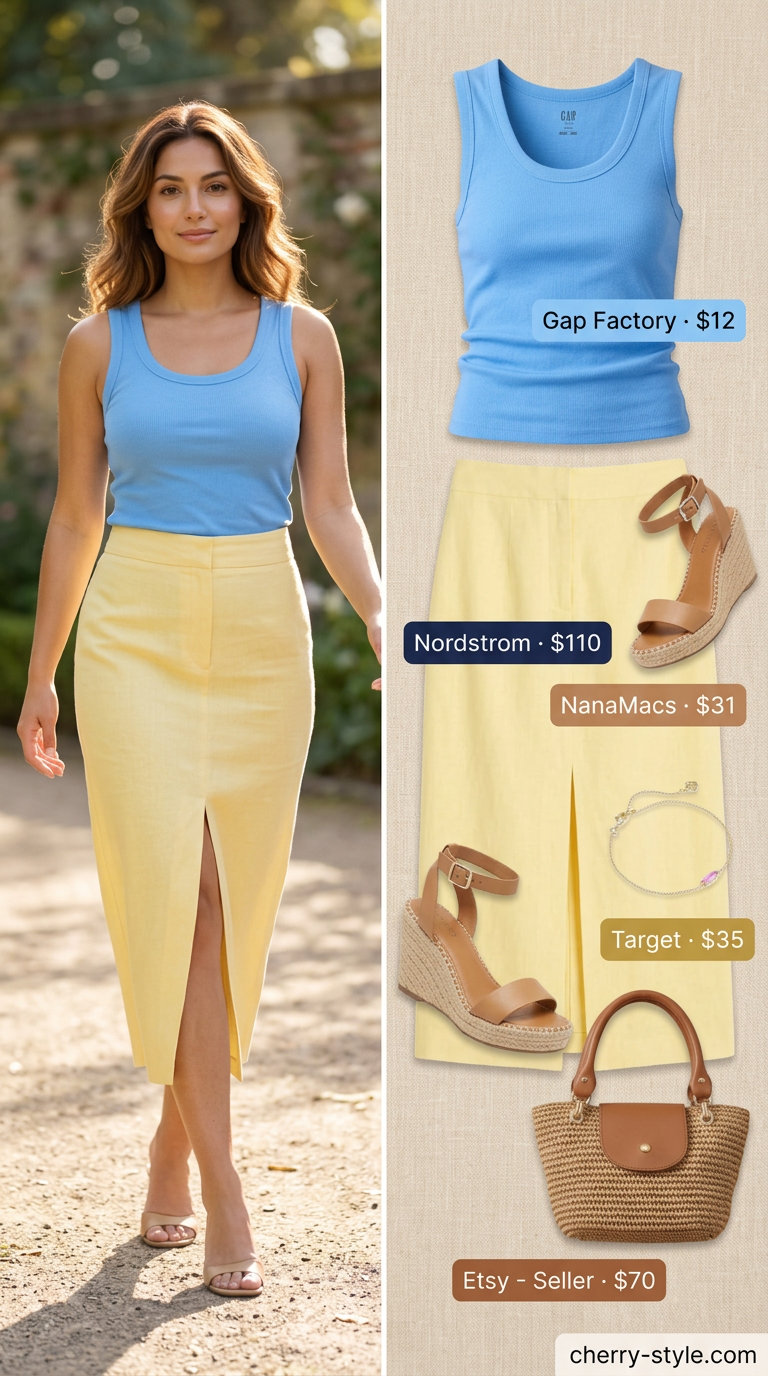 Coastal Breeze Linen Skirt Outfit 2026 What to Wear with Linen Skirt Summer 2026: Cream linen skirt, light blue ribbed tank, tan espadrilles, straw tote.