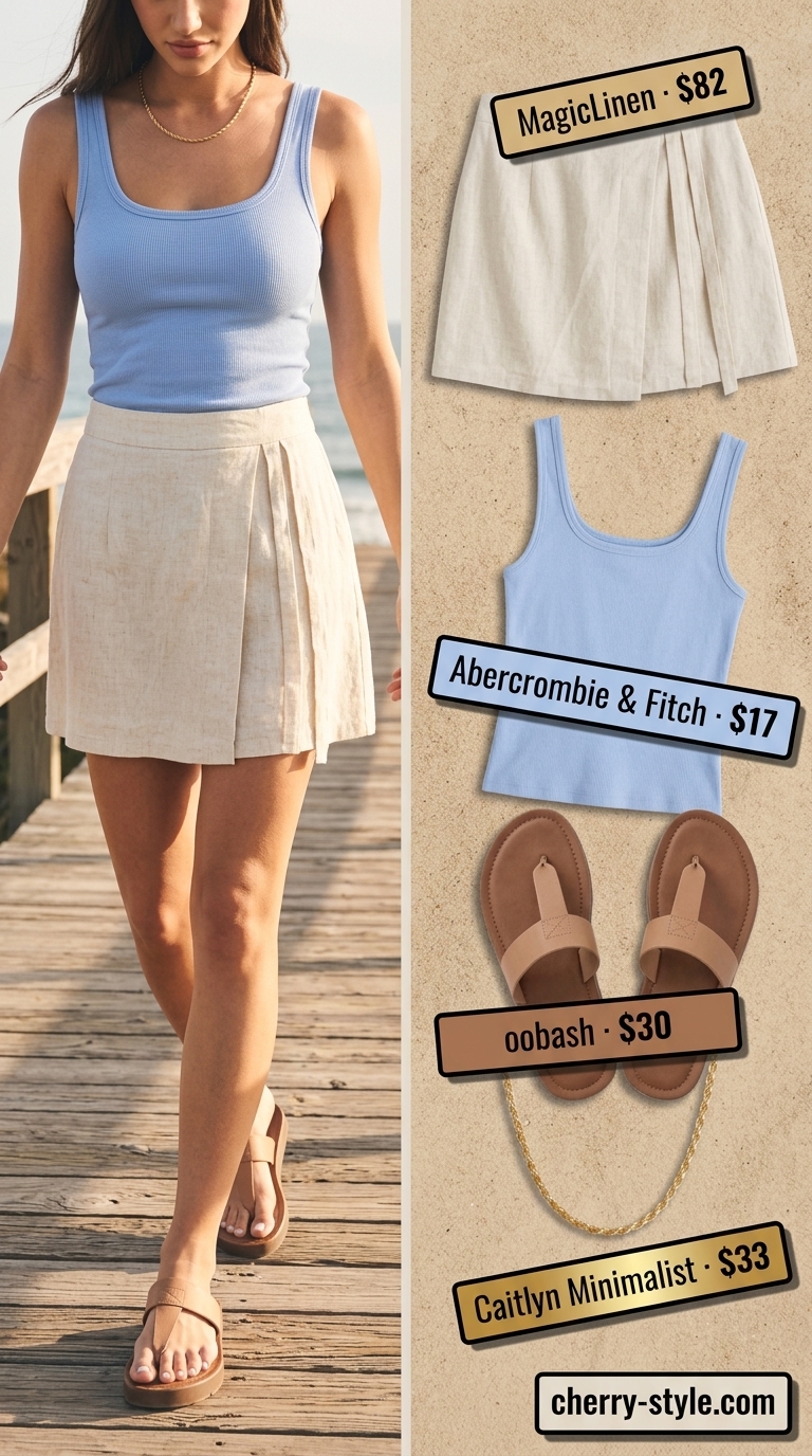 Chic Linen Mini Skirt Outfit 2026 What to Wear with Linen Skirt Summer 2026: Cream linen mini skirt, light blue tank, leather thongs, straw tote.