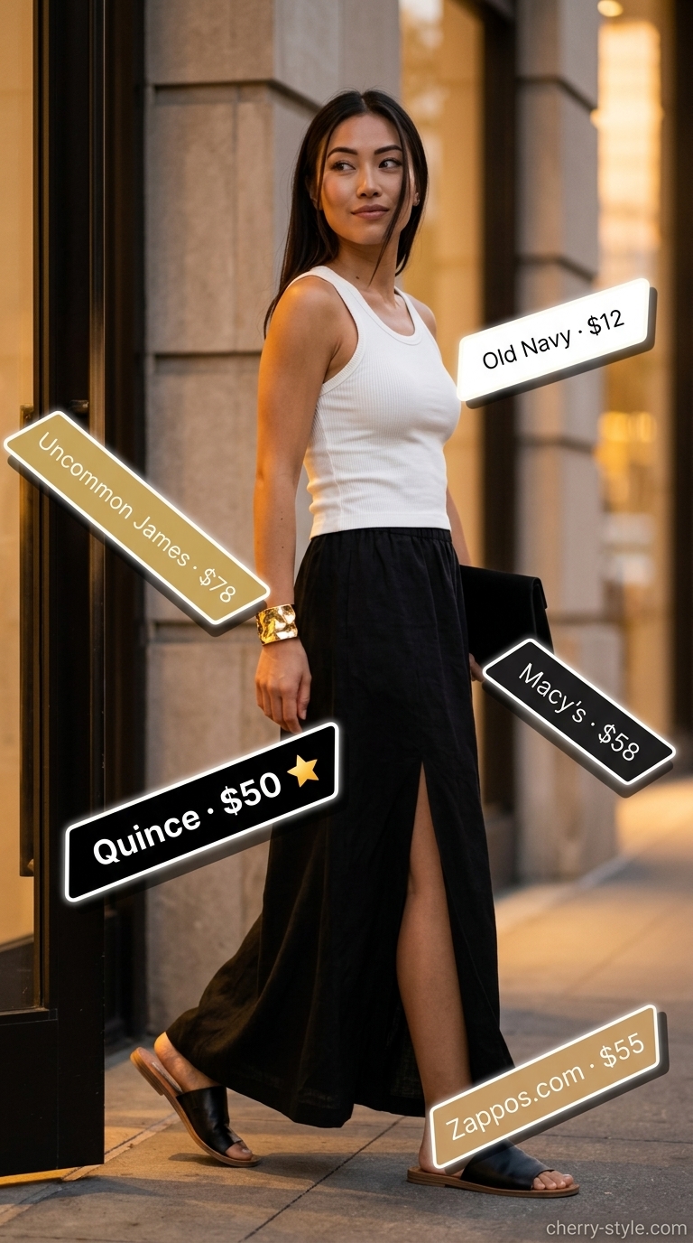 Elegant Linen Maxi Skirt 2026 What to Wear with Linen Skirt Summer 2026: Black linen maxi skirt with ribbed tank, slides, clutch, and cuff bracelet.