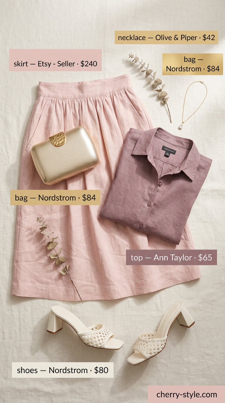 Elegant Linen Wedding Guest Outfit 2026 What to Wear with Linen Skirt Summer 2026: Blush pink linen skirt set, ivory heels, gold clutch.