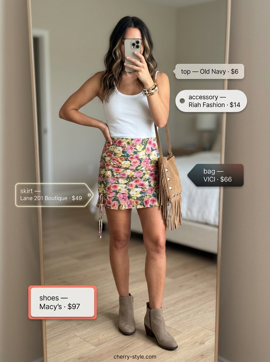 Linen Skirt Summer 2026: Festival Boho Style What to Wear with Linen Skirt Summer 2026: Floral mini linen skirt, white tank, suede boots for festival.