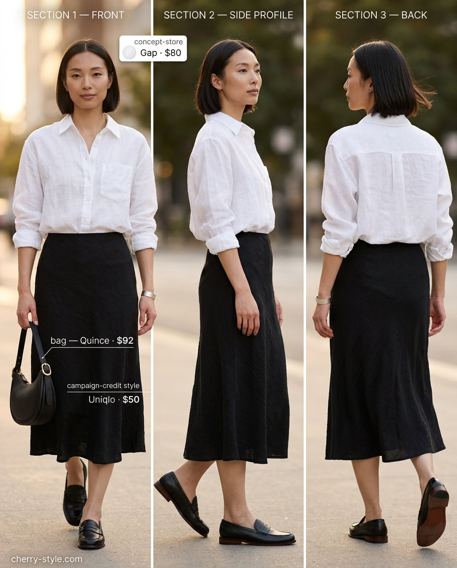 Minimalist Linen Skirt Style 2026 What to Wear with Linen Skirt Summer 2026: Grey linen midi skirt with oversized white shirt, loafers, and minimalist bag.