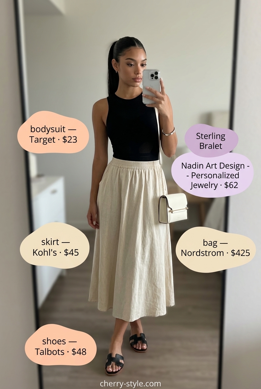 Minimalist Linen Skirt Outfit 2026 What to Wear with Linen Skirt Summer 2026: Black linen skirt, black bodysuit, leather slides, crossbody bag.