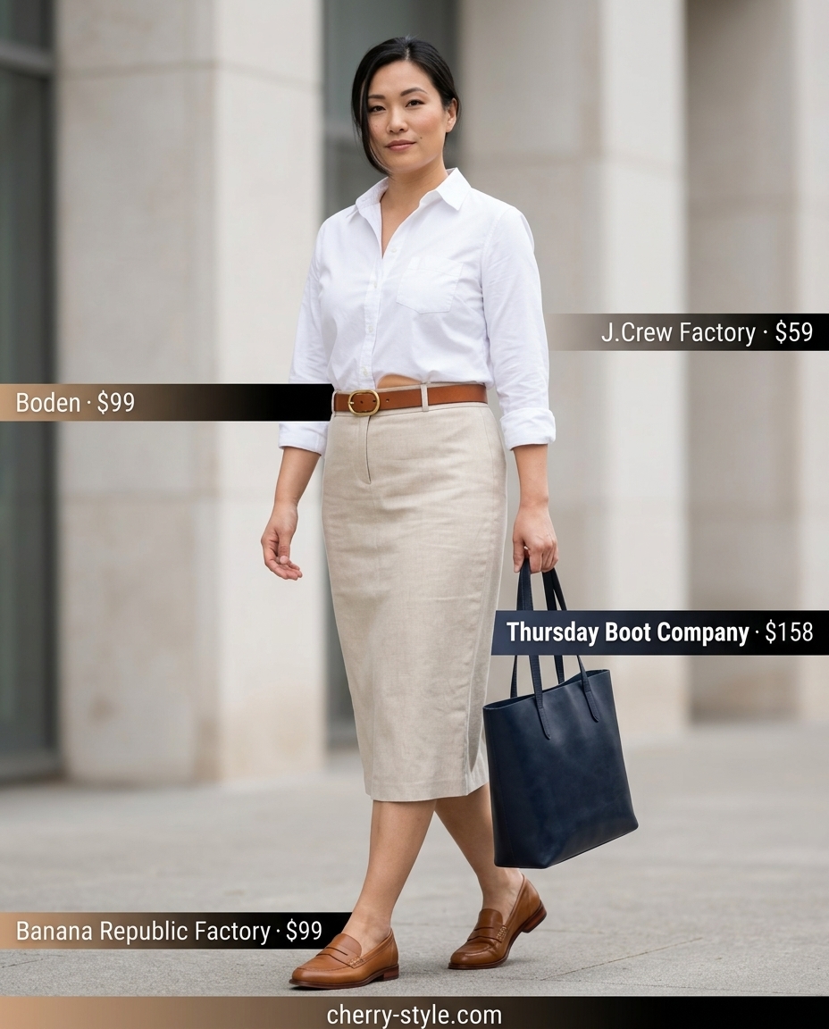 Professional Linen Skirt Outfit 2026 What to Wear with Linen Skirt Summer 2026: Beige linen pencil skirt, white button-down, navy tote, loafers.
