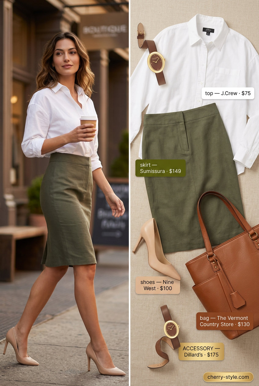Office Ready Linen Skirt 2026 What to Wear with Linen Skirt Summer 2026: Olive green linen pencil skirt with white shirt, pumps, and tote for office.