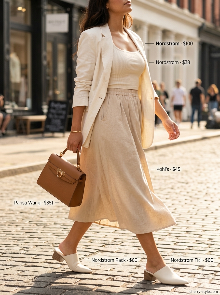 Linen Skirt Summer 2026: Office Casual Chic What to Wear with Linen Skirt Summer 2026: Camel blazer, cream top, versatile linen skirt for office casual.