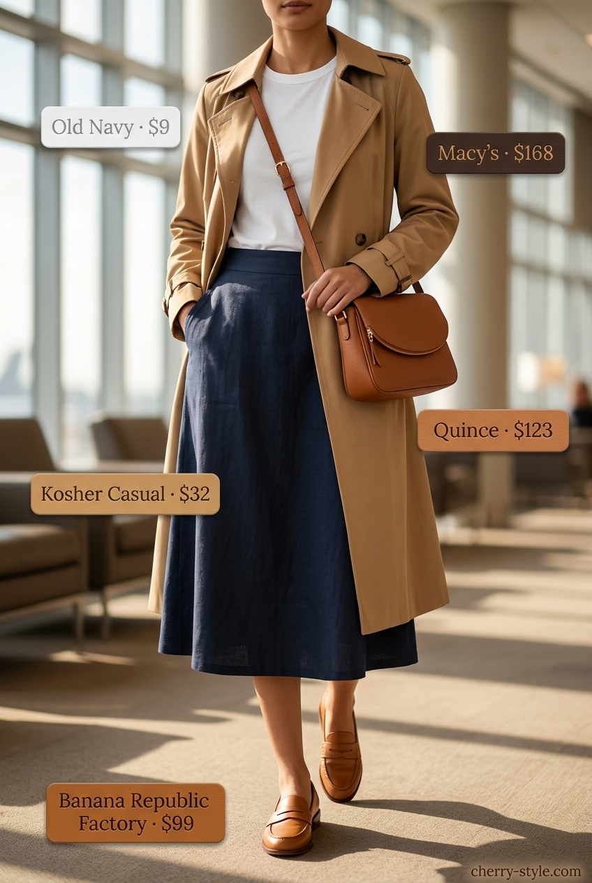 Chic Travel Linen Skirt 2026 What to Wear with Linen Skirt Summer 2026: Navy linen midi skirt with trench coat, loafers, and crossbody bag for travel.