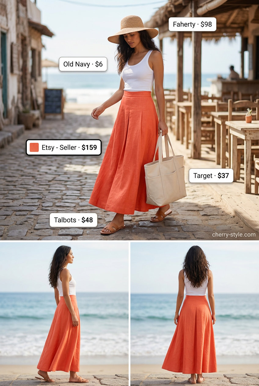 Vacation Linen Maxi Skirt 2026 What to Wear with Linen Skirt Summer 2026: Coral linen maxi skirt with tank top, slides, and large tote for vacation.