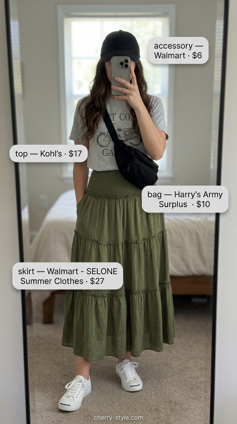 Casual Linen Skirt Outfit 2026 What to Wear with Linen Skirt Summer 2026: Olive linen skirt, graphic tee, sneakers, canvas belt bag.