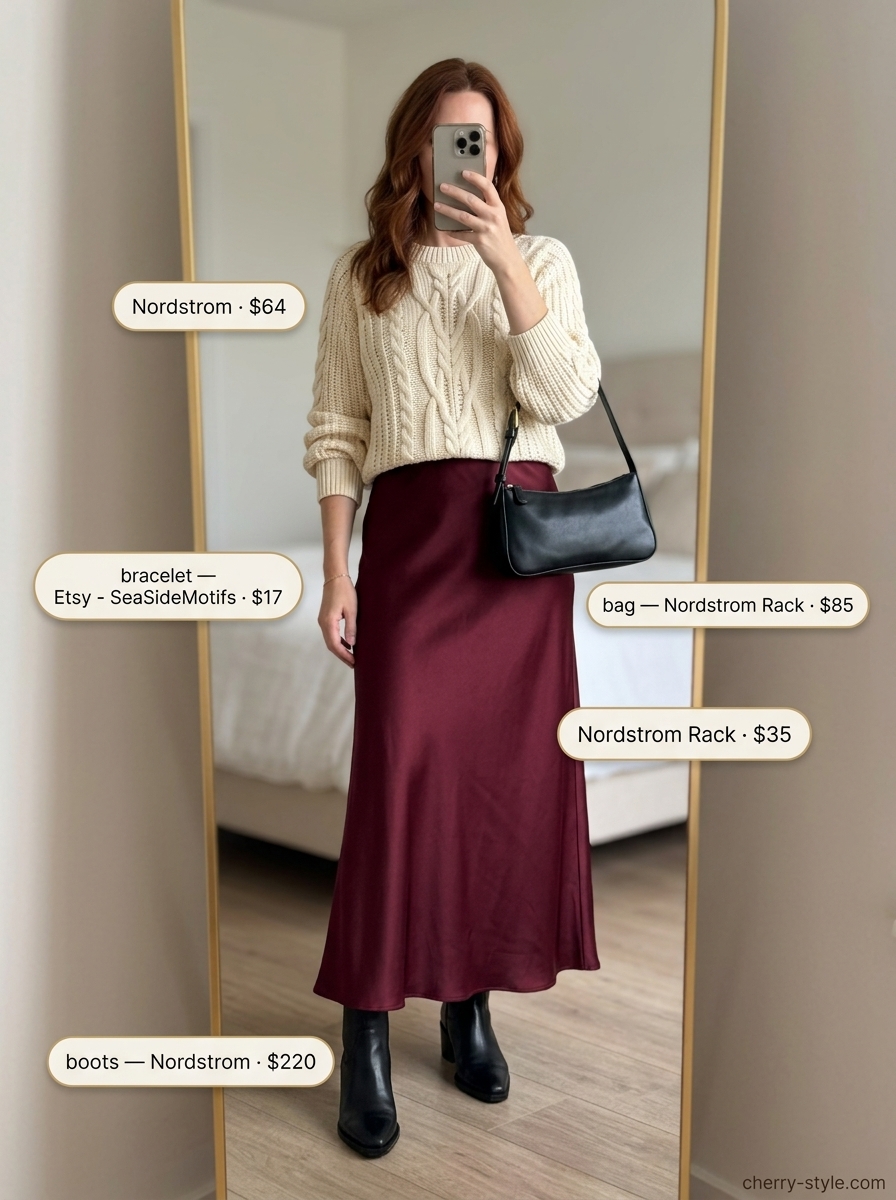 Autumnal Elegance Outfit 2026 Autumnal elegance with burgundy satin midi skirt, cream cable-knit sweater, ankle boots & shoulder bag. What to wear with satin skirt summer 2026.