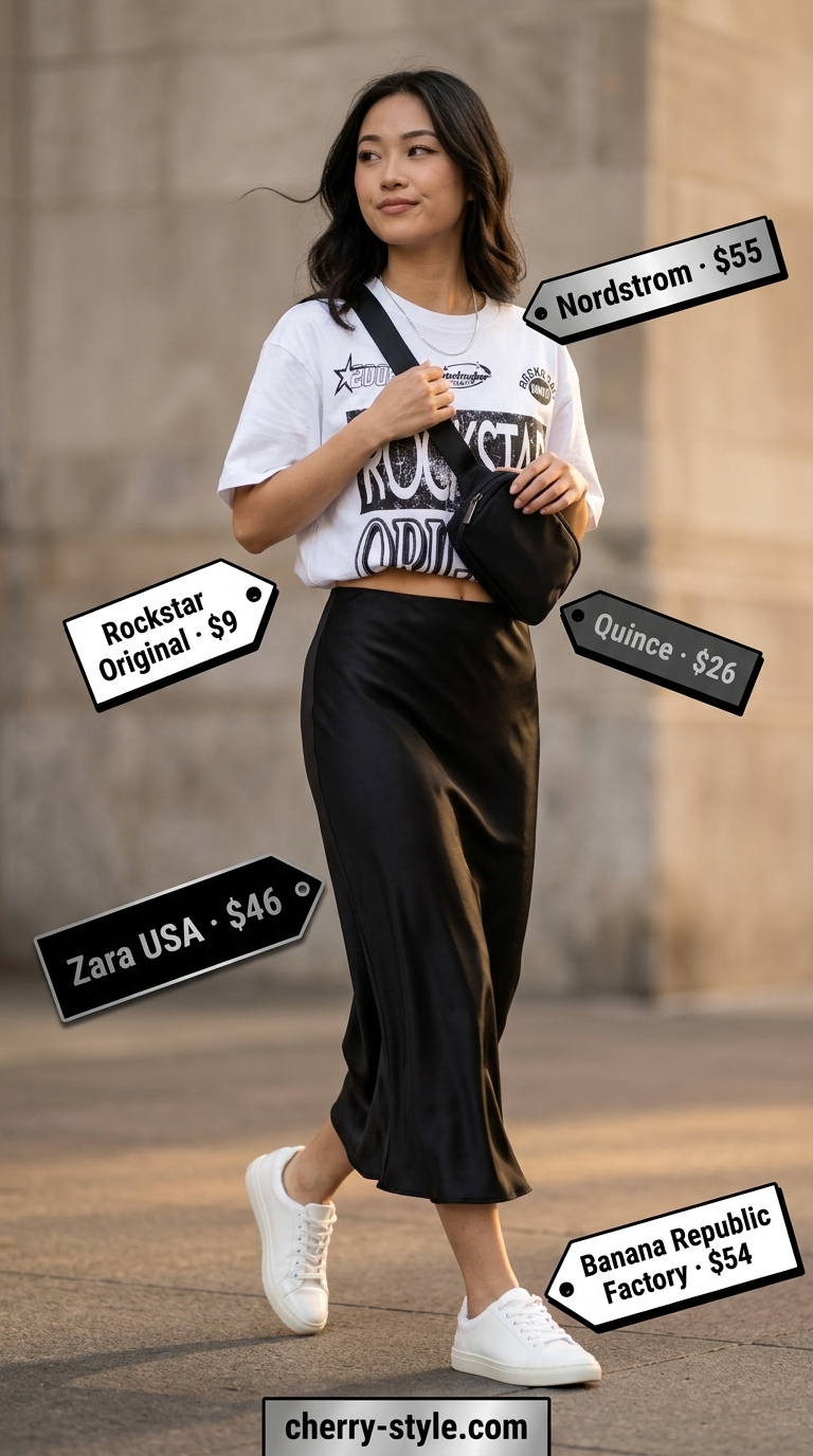 Satin Skirt Summer 2026: Edgy Casual Cool Outfit What to Wear with Satin Skirt Summer 2026: Black satin midi skirt with graphic tee, sneakers, and belt bag for casual cool.