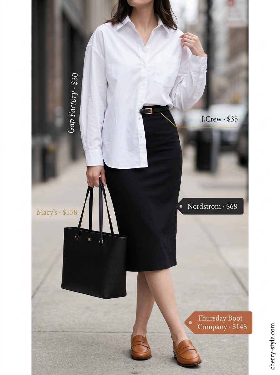 Satin Skirt Summer 2026: Polished Workwear Style What to Wear with Satin Skirt Summer 2026: Black satin pencil skirt with oversized white shirt, loafers, and tan tote.