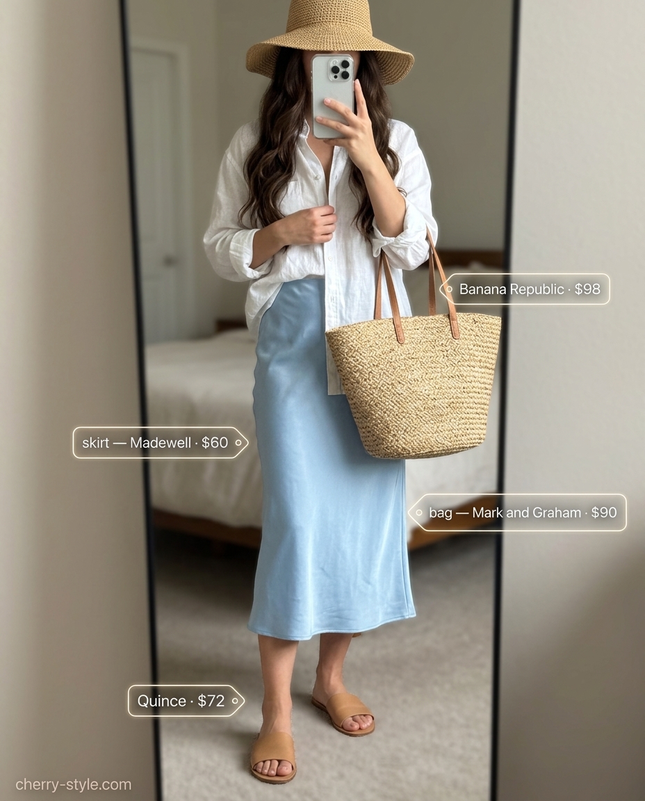 Satin Skirt Summer 2026: Relaxed Vacation Look What to Wear with Satin Skirt Summer 2026: Sky blue satin skirt with linen shirt, slides, and straw hat for vacation.