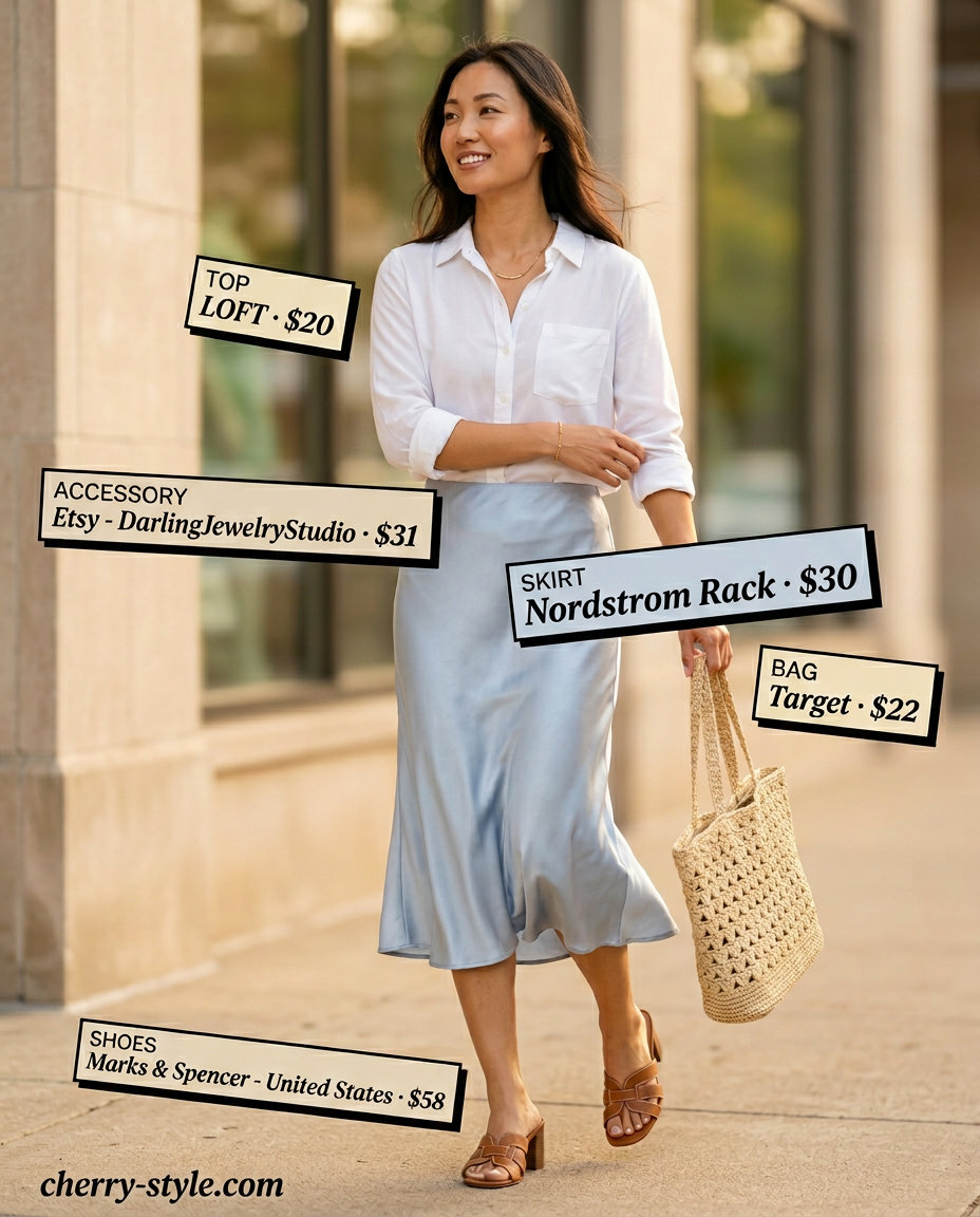What to Wear with Satin Skirt Summer 2026: Brunch Ready What to Wear with Satin Skirt Summer 2026: Light blue satin skirt, white button-down shirt, block heels, straw tote for brunch.