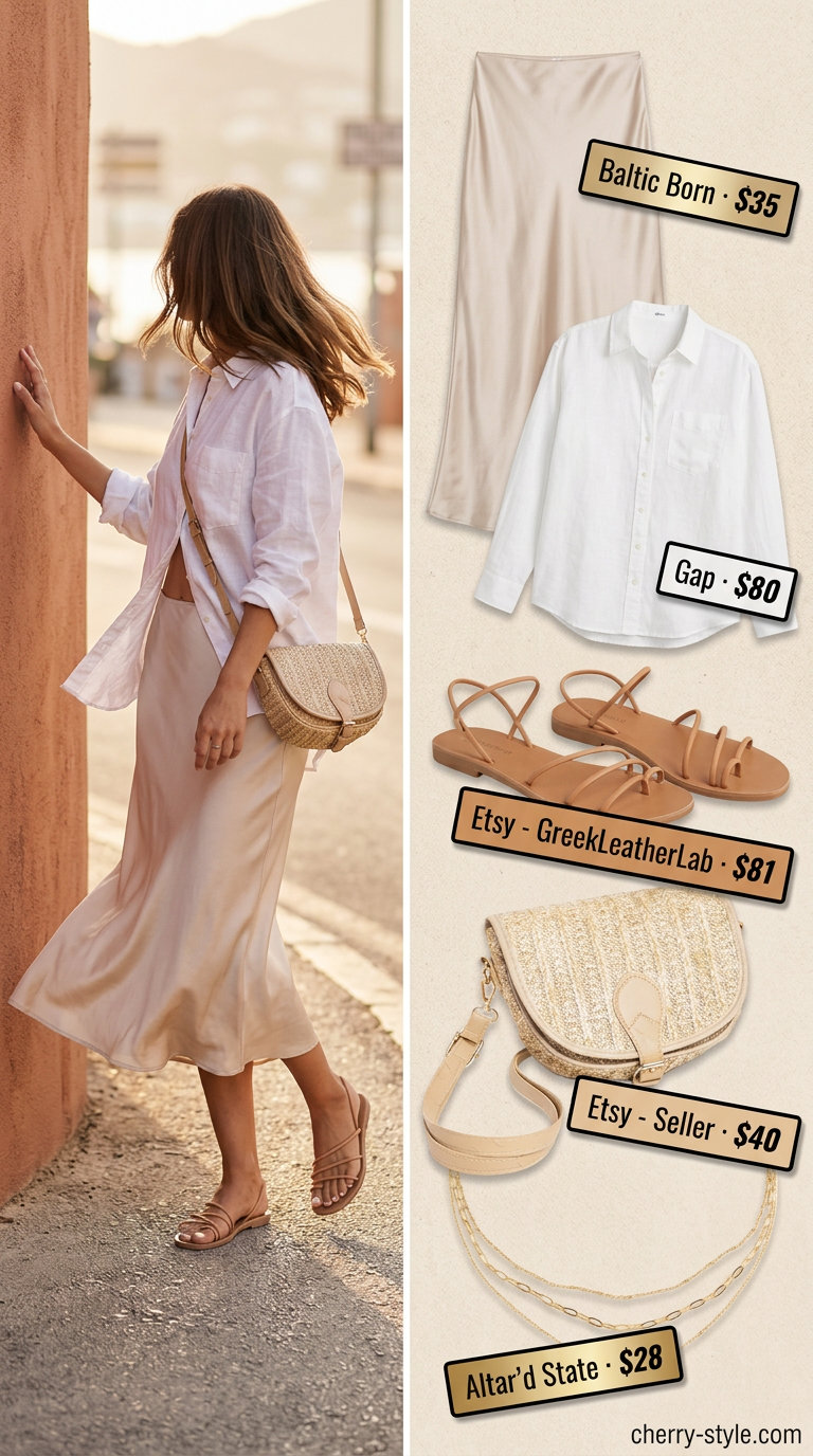 Satin Skirt Summer 2026: Effortless Beach Dinner Style What to Wear with Satin Skirt Summer 2026: Champagne satin skirt with linen shirt, sandals, and straw bag for beach dinner.