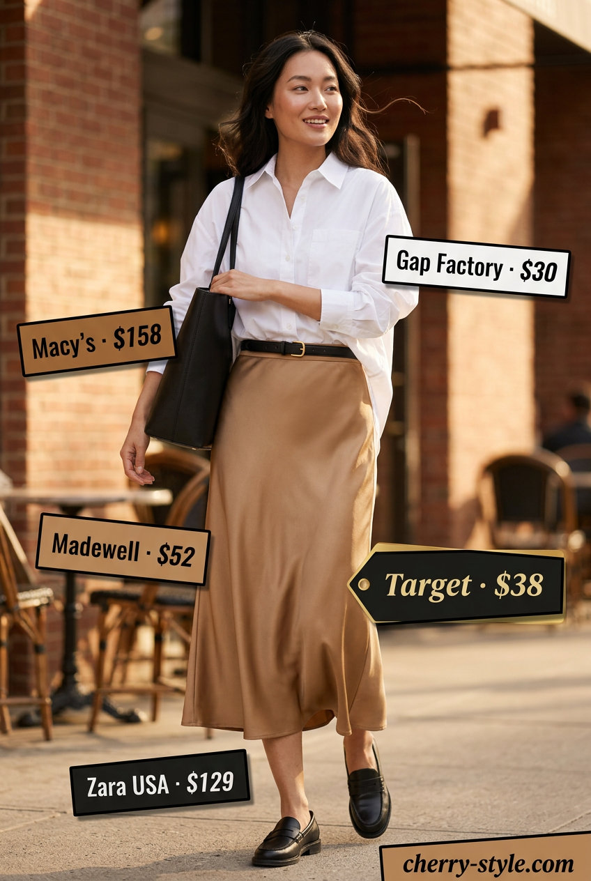 City Chic Brunch Outfit 2026 City chic brunch outfit with camel satin midi skirt, white oversized shirt, black loafers & tote. What to wear with satin skirt summer 2026.