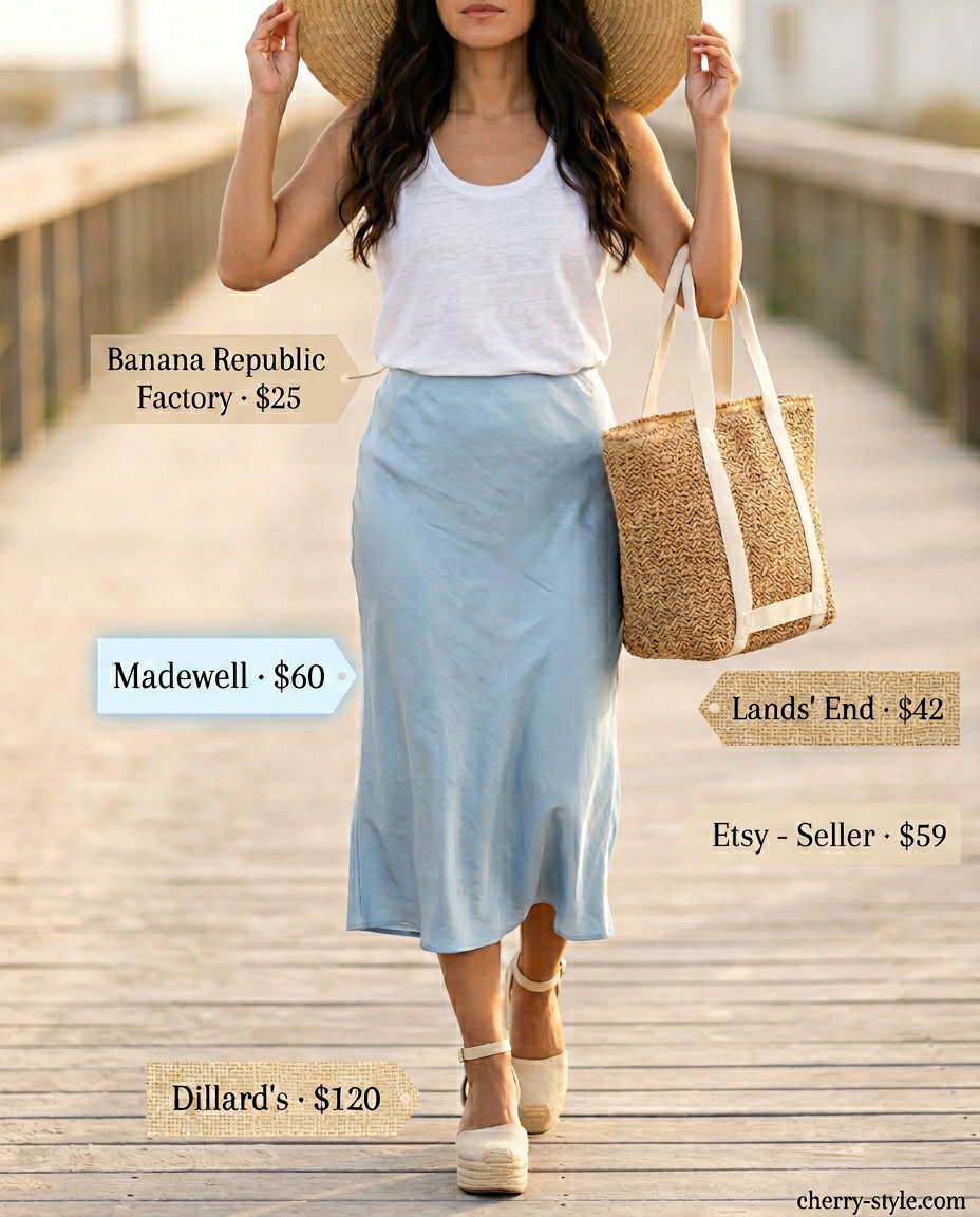 Coastal Breeze Vacation Style 2026 Coastal vacation outfit with turquoise satin slip skirt, white linen tank, straw hat & espadrilles. What to wear with satin skirt summer 2026.