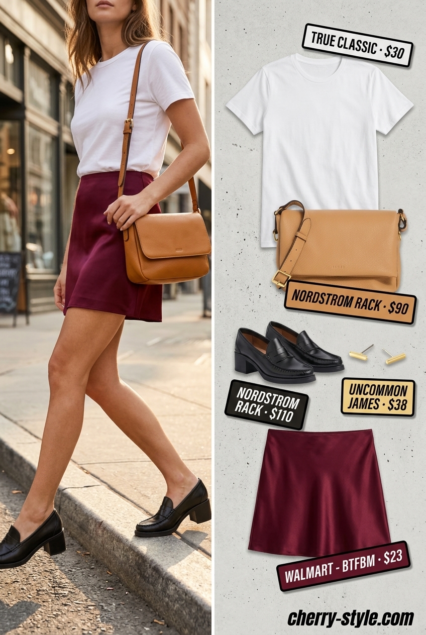Satin Skirt Summer 2026: Playful City Explorer Outfit What to Wear with Satin Skirt Summer 2026: Coral satin mini skirt with white tee, loafers, and crossbody bag for city exploring.
