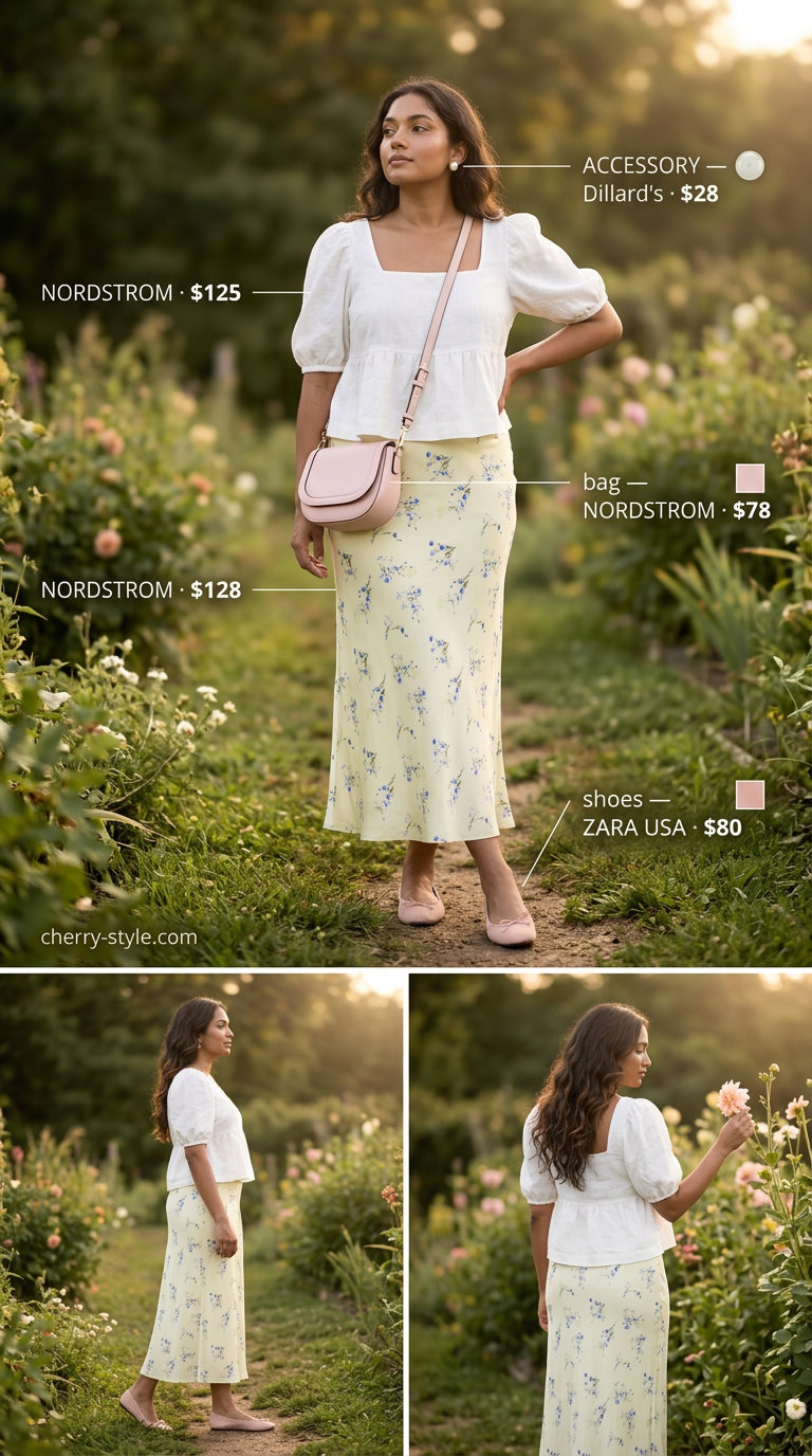 What to Wear with Satin Skirt Summer 2026: Garden Party What to Wear with Satin Skirt Summer 2026: Pastel floral satin skirt, white puff-sleeve blouse, ballet flats for garden party.