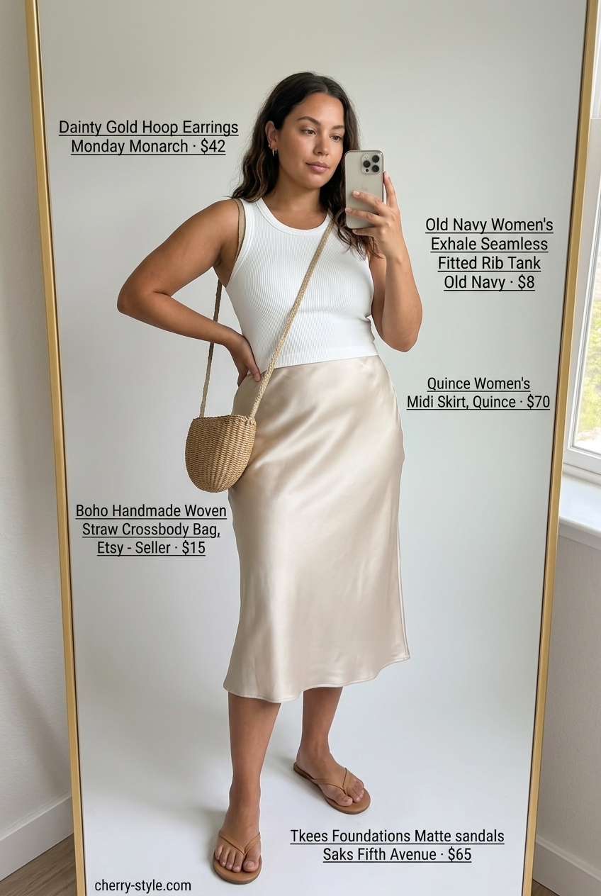 What to Wear with Satin Skirt Summer 2026: Golden Hour Glow What to Wear with Satin Skirt Summer 2026: Soft gold satin midi skirt, white tank top, gold hoops, straw bag, flat sandals.