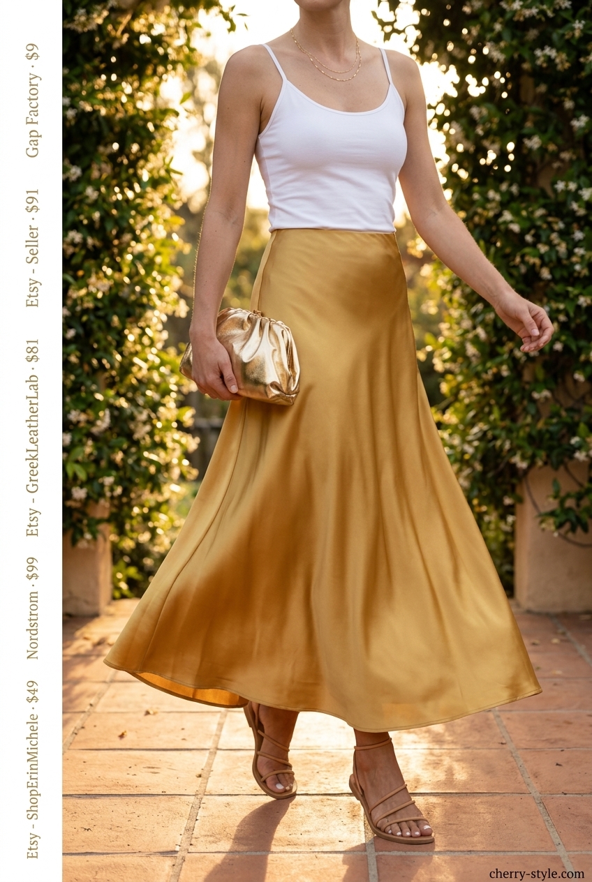 What to Wear with Satin Skirt Summer 2026: Golden Hour Glam What to Wear with Satin Skirt Summer 2026: Gold satin maxi skirt, white camisole, gold jewelry, tan sandals for a glam evening look.