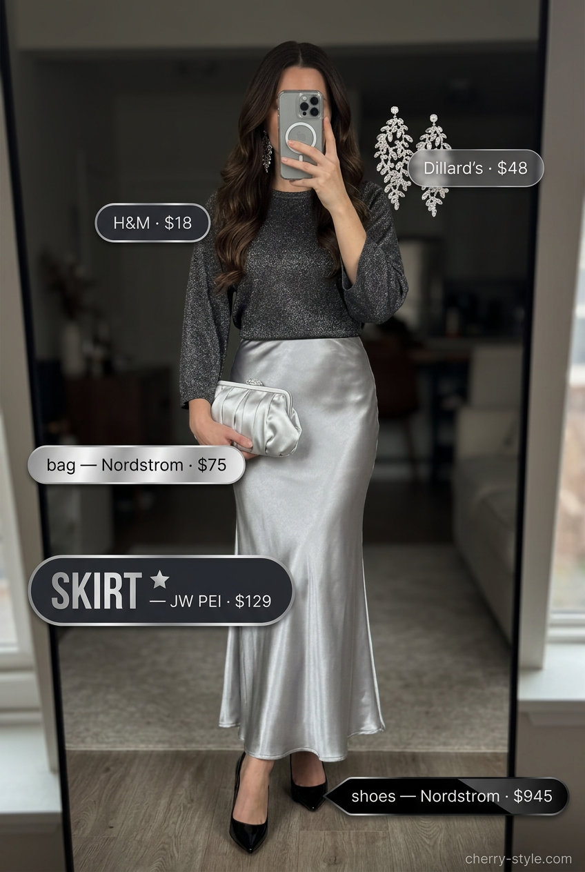 What to Wear with Satin Skirt Summer 2026: Monochrome Magic What to Wear with Satin Skirt Summer 2026: Silver satin maxi skirt with metallic knit top for a glamorous night out.