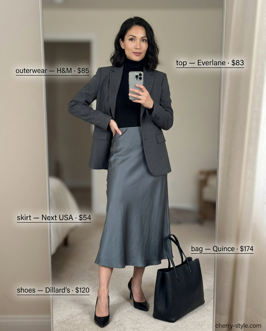 What to Wear with Satin Skirt Summer 2026: Office Chic What to Wear with Satin Skirt Summer 2026: Charcoal grey satin midi skirt with a black blazer & turtleneck for office chic.