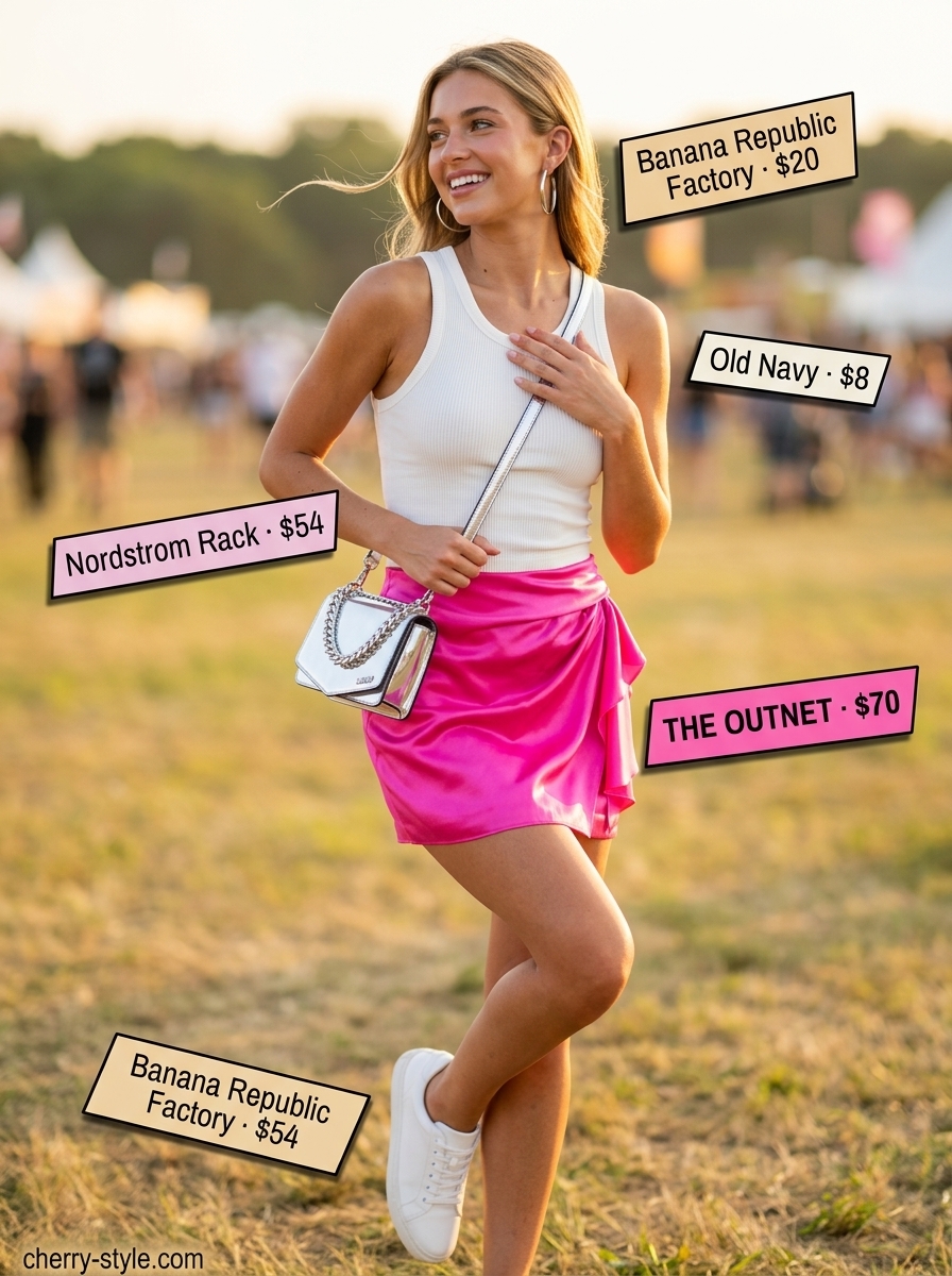 Satin Skirt Summer 2026: Bold Festival Outfit What to Wear with Satin Skirt Summer 2026: Hot pink satin mini skirt with white tank, sneakers, and silver bag for festivals.