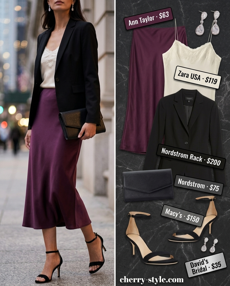 Satin Skirt Summer 2026: Sophisticated Evening Look What to Wear with Satin Skirt Summer 2026: Plum satin skirt styled with a black blazer, ivory cami, and silver earrings.