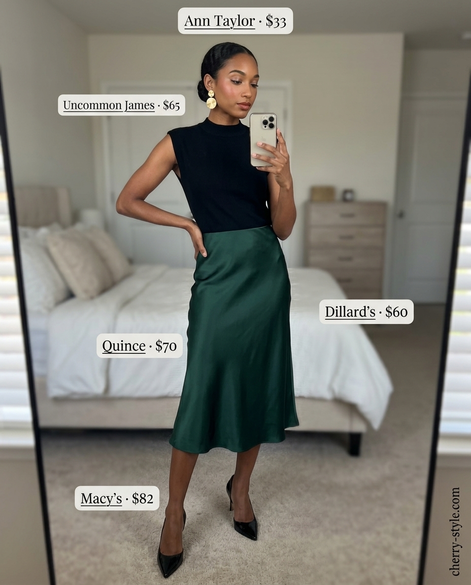 Sophisticated Evening Attire 2026 Sophisticated evening look with emerald green satin skirt, black mock neck top, stiletto heels & clutch. What to wear with satin skirt summer 2026.