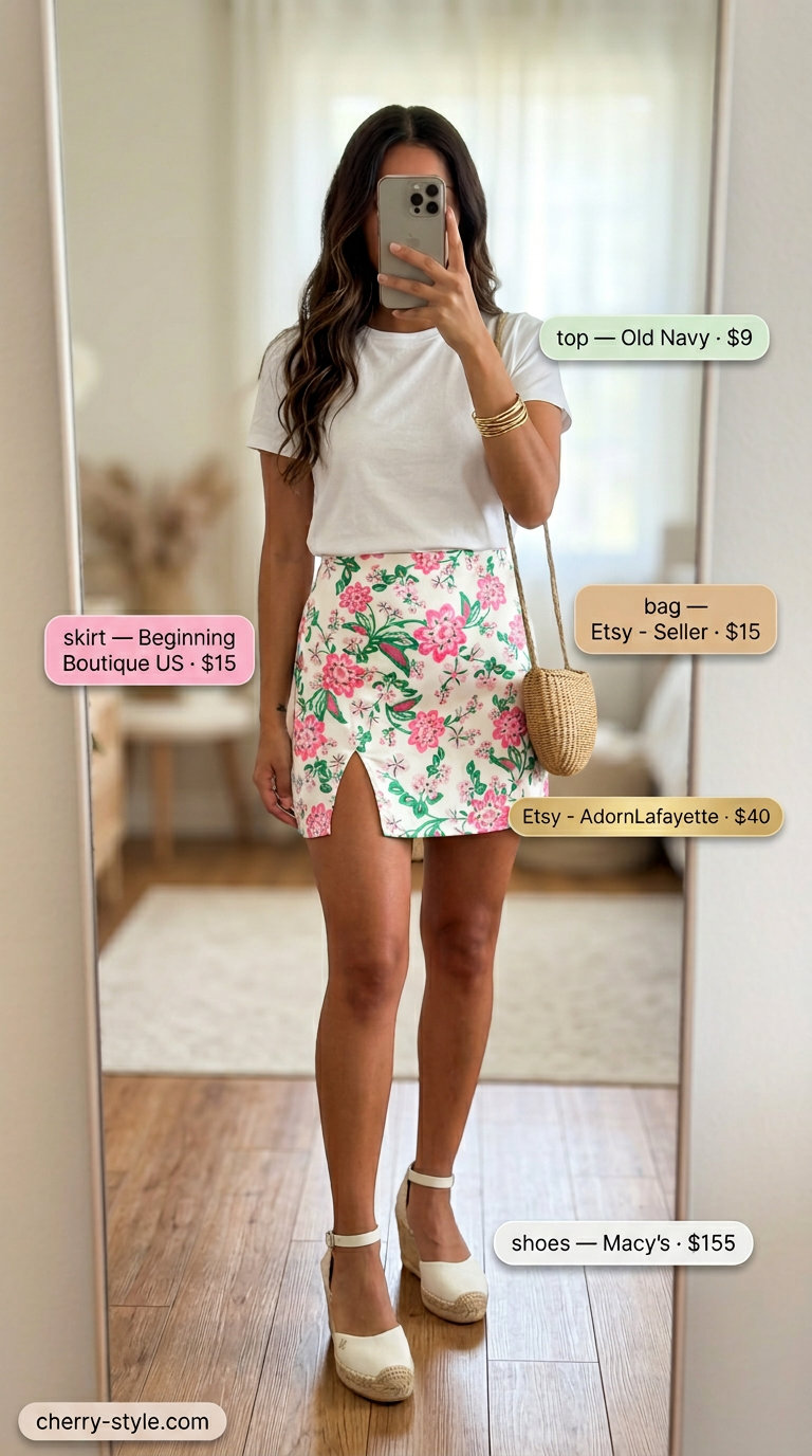 Summer Garden Party Chic 2026 Summer garden party outfit with floral satin skirt, white tee, straw crossbody & espadrilles. What to wear with satin skirt summer 2026.