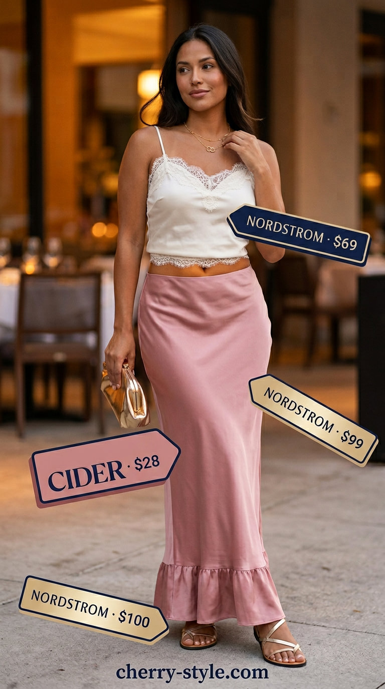 Sunset Serenade Date Night 2026 Romantic date night outfit with blush pink satin maxi skirt, ivory lace cami, gold sandals & clutch. What to wear with satin skirt summer 2026.