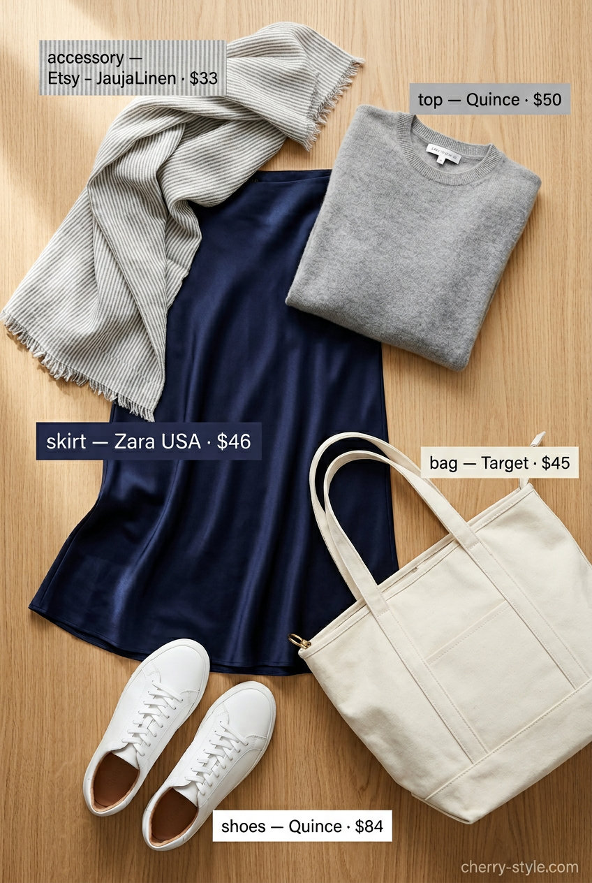 What to Wear with Satin Skirt Summer 2026: Travel Ready What to Wear with Satin Skirt Summer 2026: Navy satin midi skirt, grey cashmere sweater, sneakers, tote bag for travel.