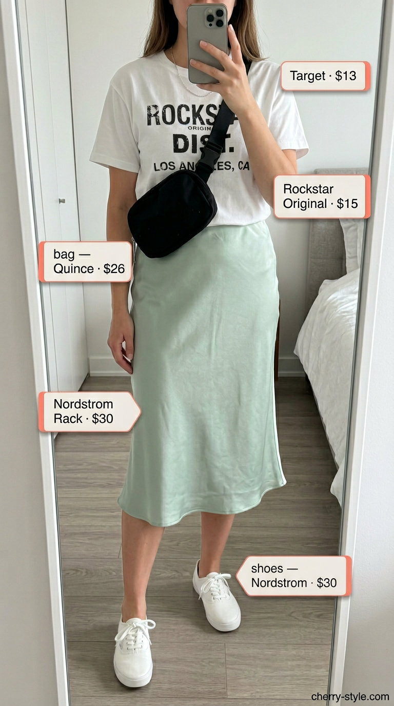 Weekend Casual Cool Outfit 2026 Weekend casual cool with olive green satin midi skirt, graphic tee, sneakers & belt bag. What to wear with satin skirt summer 2026.