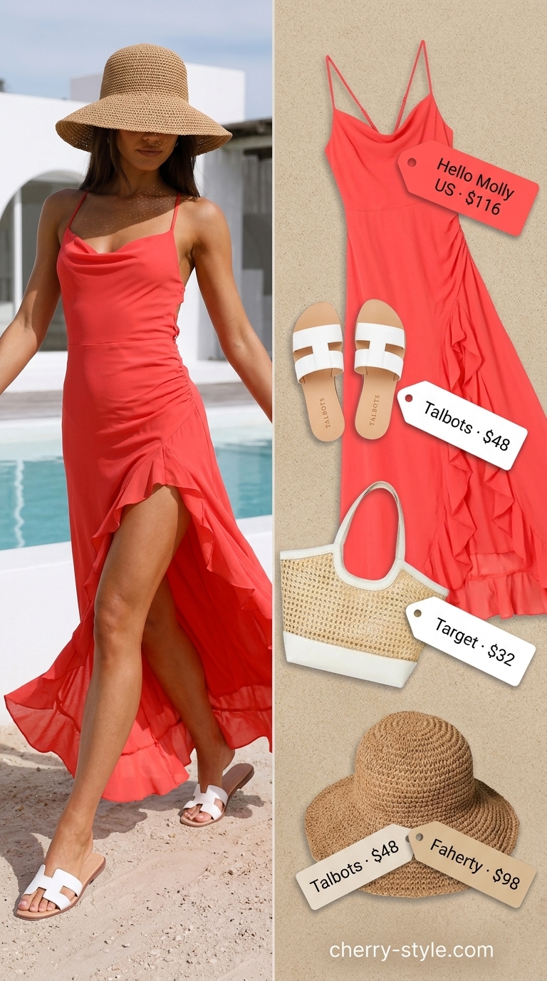 Relaxed coral slip dress for the beach with a straw hat, tote, and white slides for summer vacation.