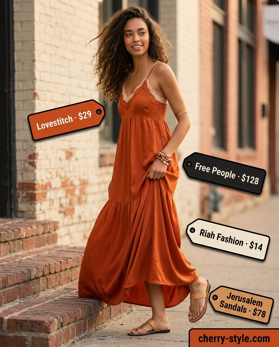 What to Wear with Slip Dress Summer 2026: Rust orange maxi slip dress, leather sandals & slouchy bag for boho evenings.