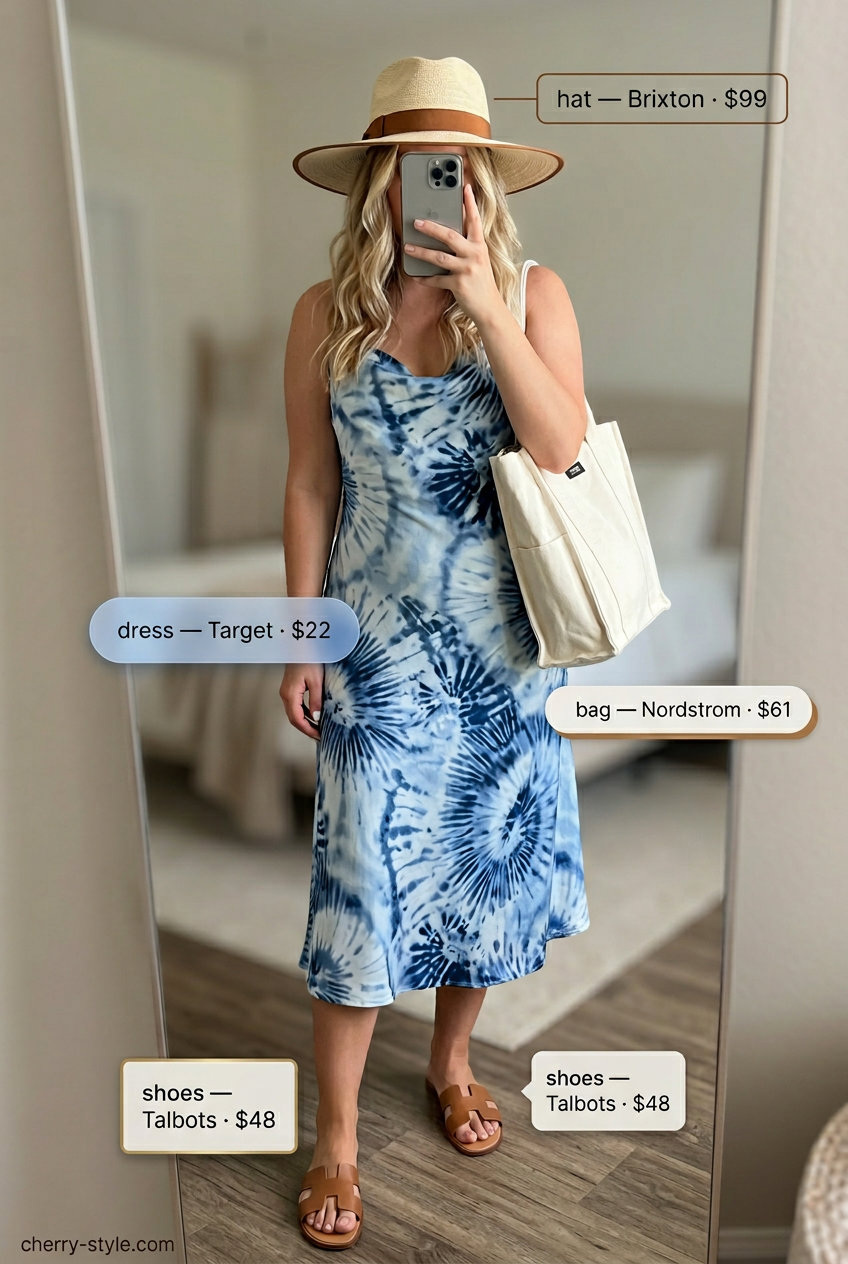 What to Wear with Slip Dress Summer 2026: Tie-dye slip dress, straw hat & slides for vacation sightseeing.