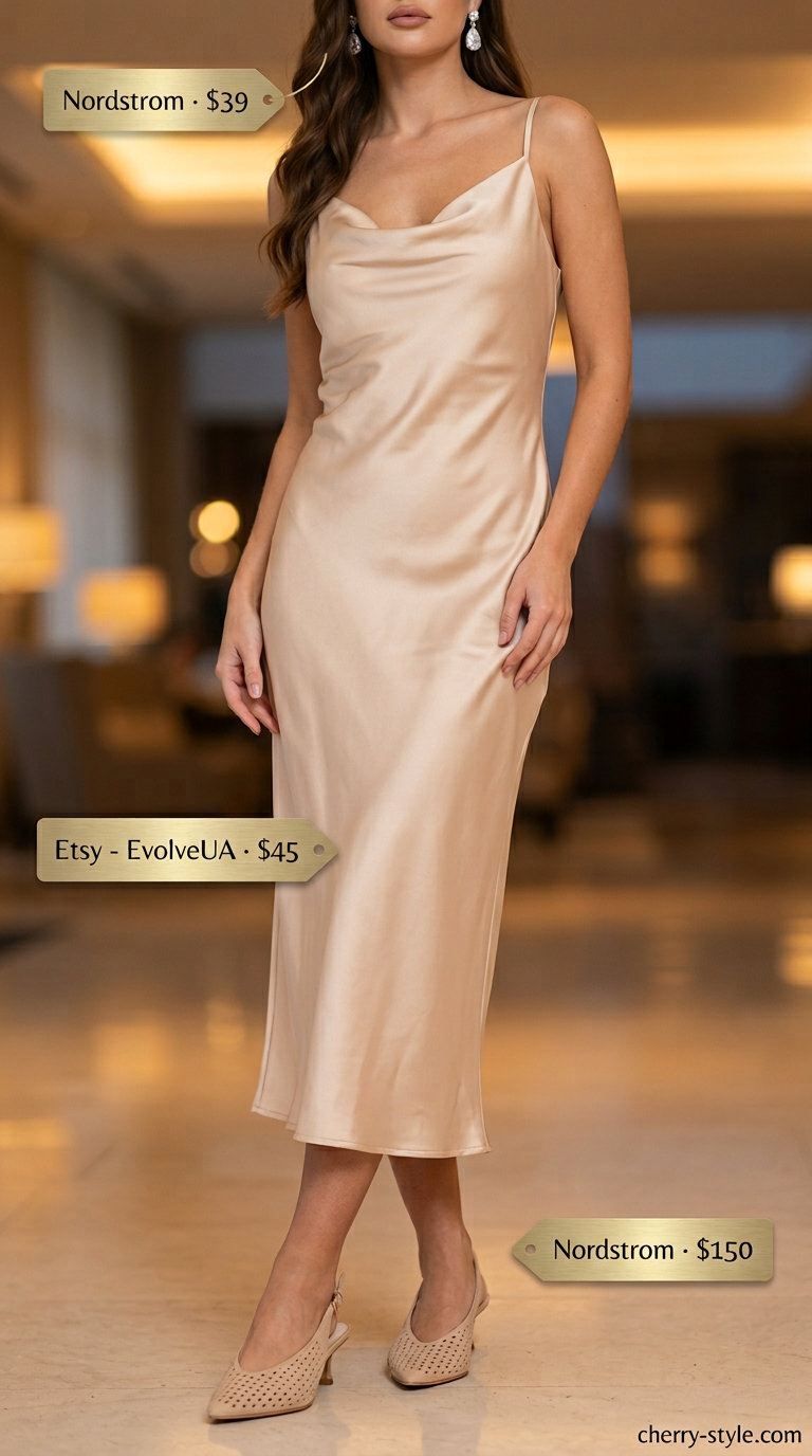 Champagne silk slip dress with nude heels & gold clutch for a glamorous evening event.
