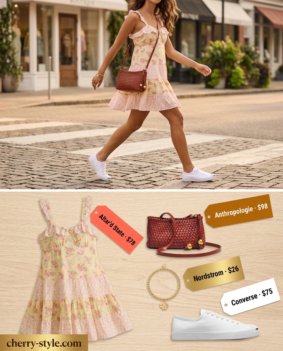 What to Wear with Slip Dress Summer 2026: Floral mini slip dress, sneakers & straw bag for playful brunch.