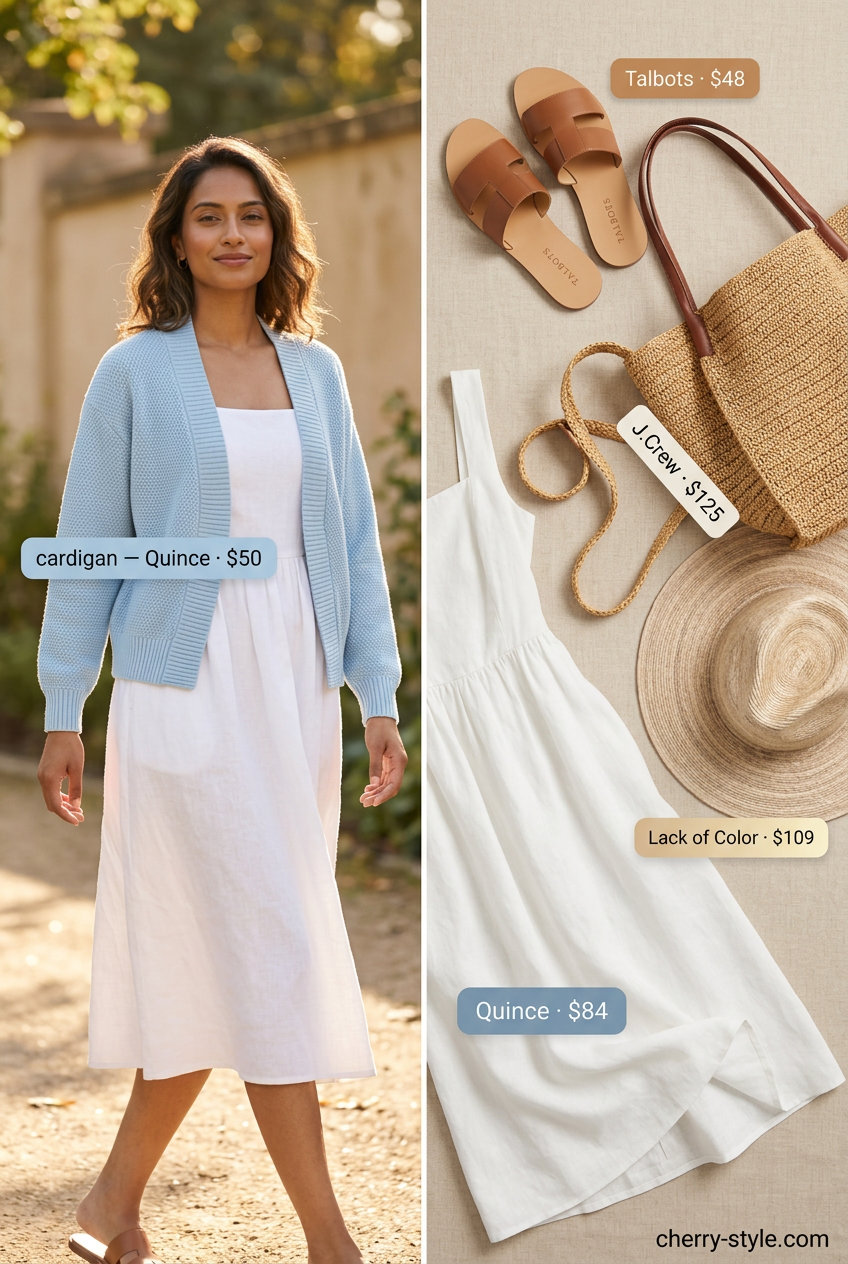 What to Wear with Slip Dress Summer 2026: White slip dress, cardigan & slides for casual beach days.
