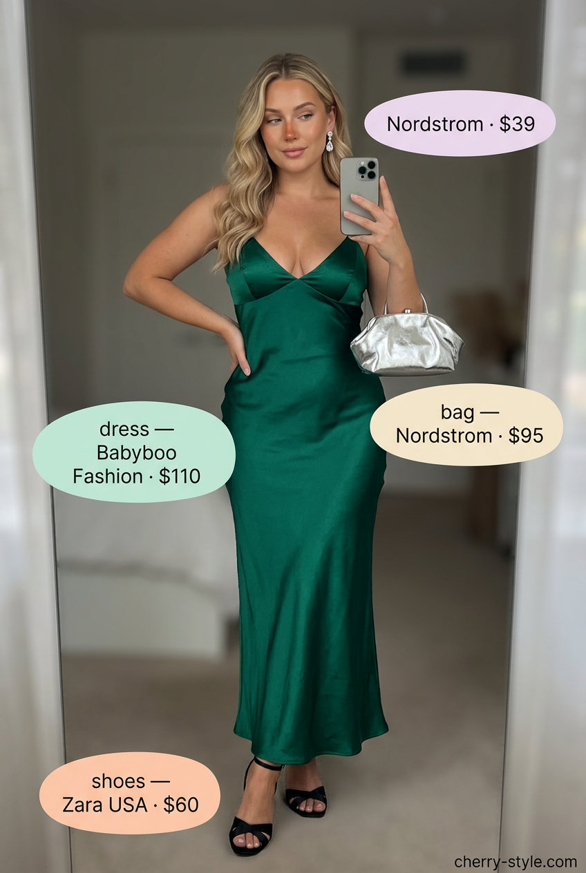 Emerald green V-neck slip dress with silver accessories for a glamorous summer cocktail party.