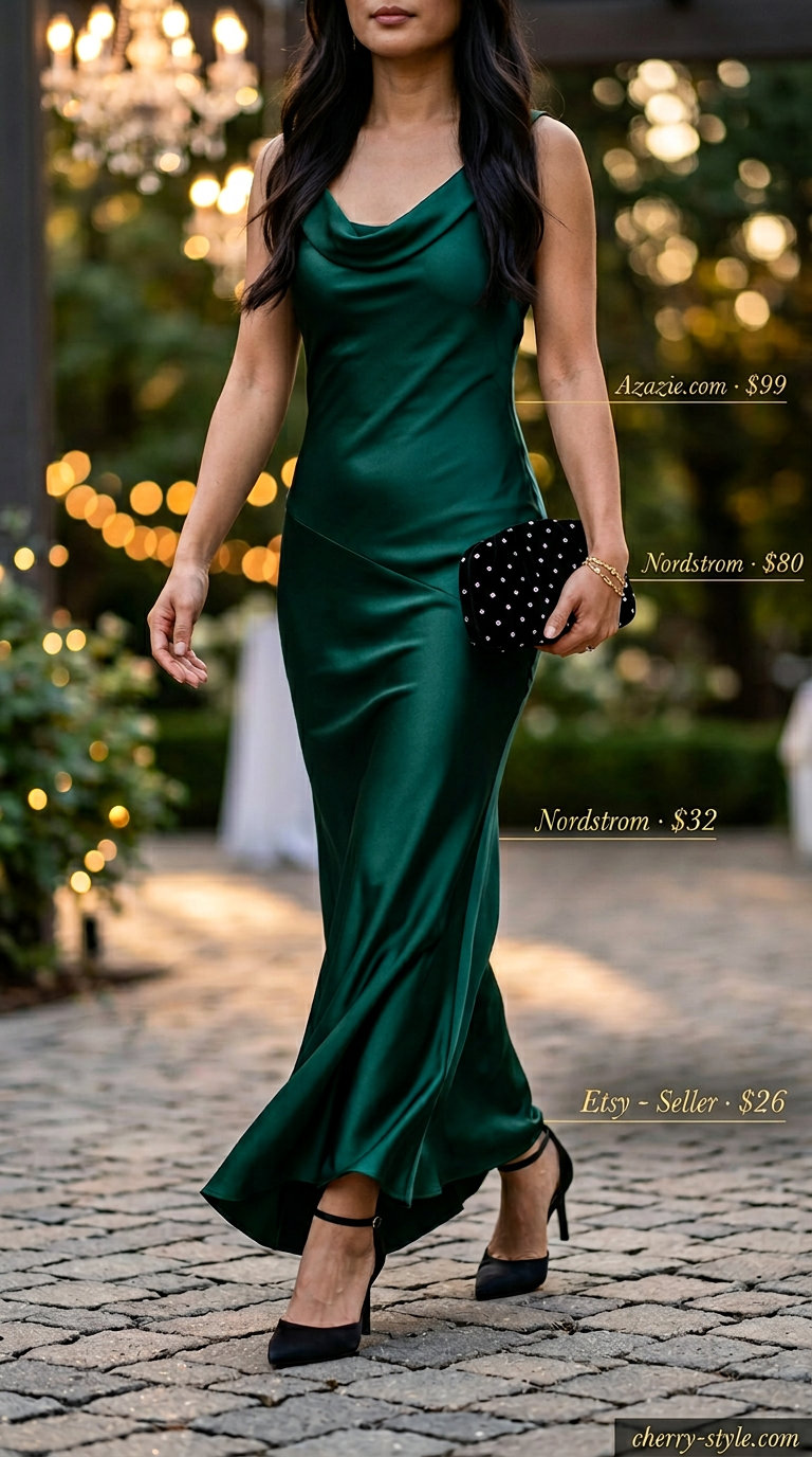Emerald green silk slip dress with black heels & gold jewelry for a formal summer evening event.