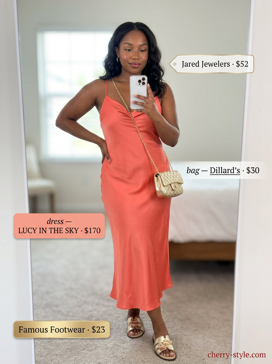 Fun coral mini slip dress for a summer party with gold slides and a metallic crossbody bag.
