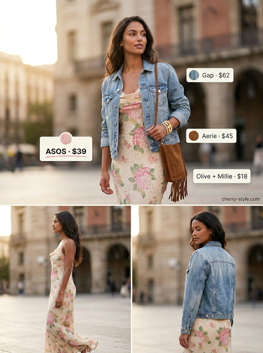 Floral maxi slip dress with denim jacket & espadrilles for a boho summer festival outfit.
