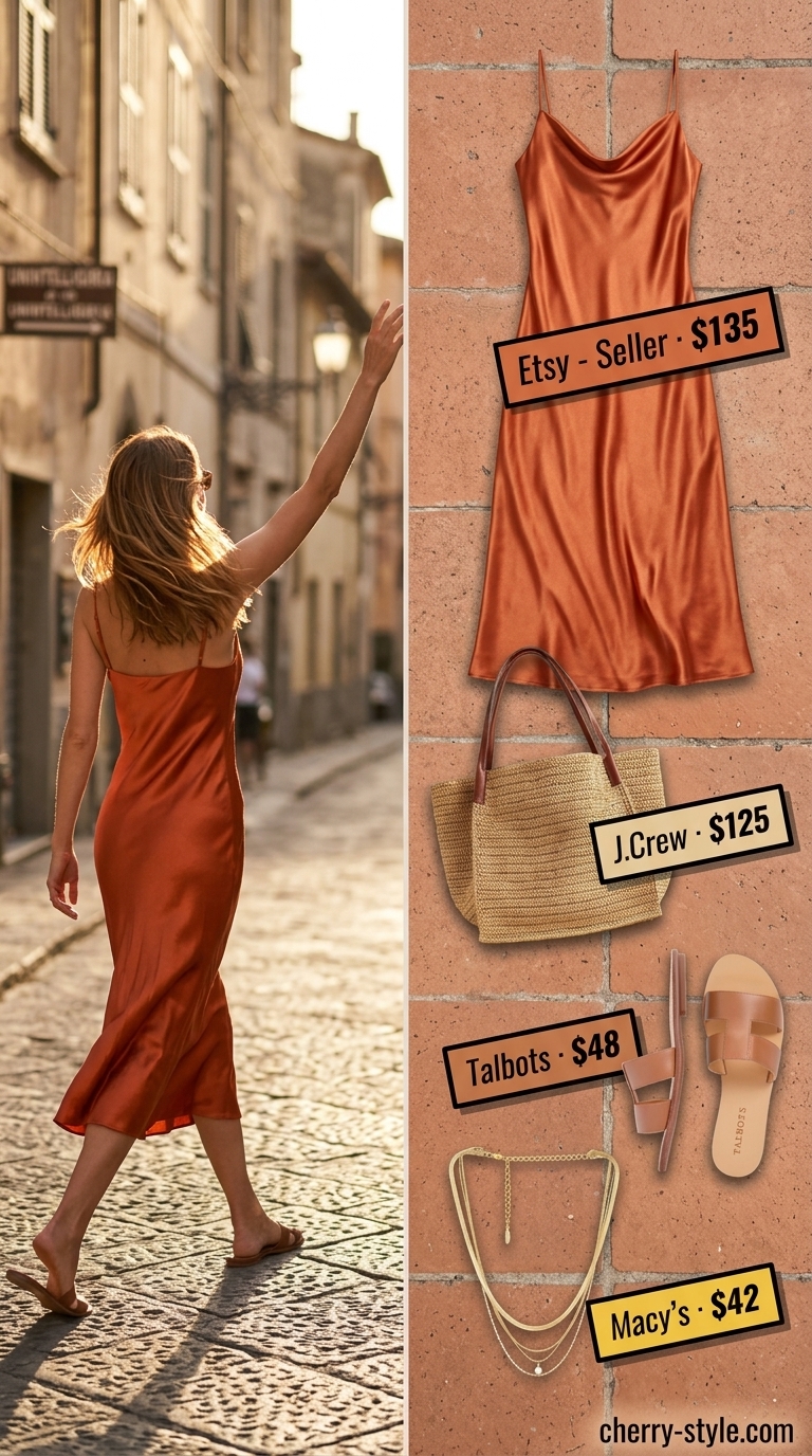 Effortless sun-kissed orange slip dress for vacation with layered gold necklaces and straw tote.