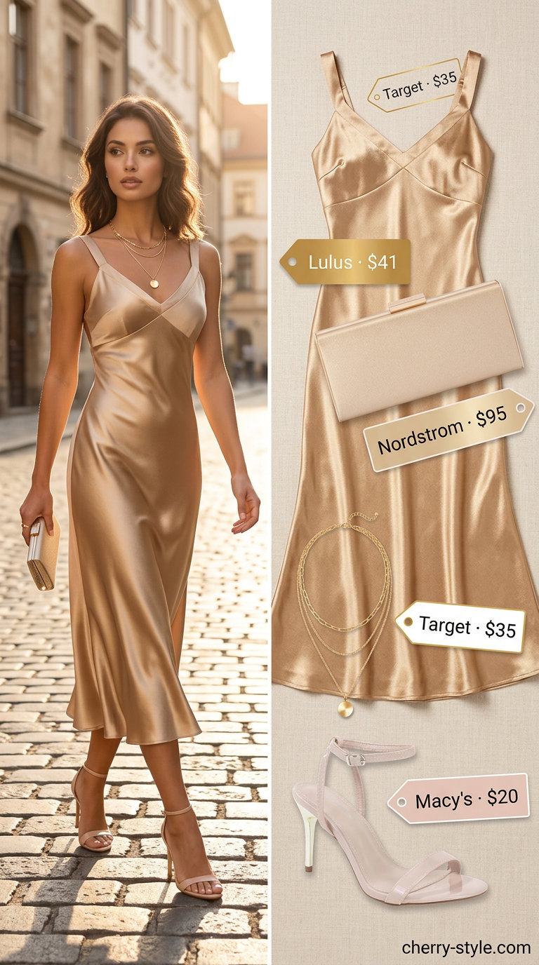 What to Wear with Slip Dress Summer 2026: Gold satin slip dress, strappy sandals & box clutch for evening cocktails.