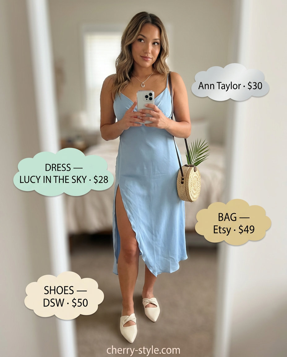 Light blue midi slip dress with white mules & straw bag for a sweet daytime look.